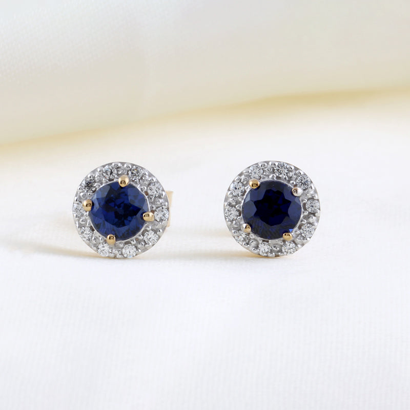 Sapphire Blue & CZ Halo Stud Earrings