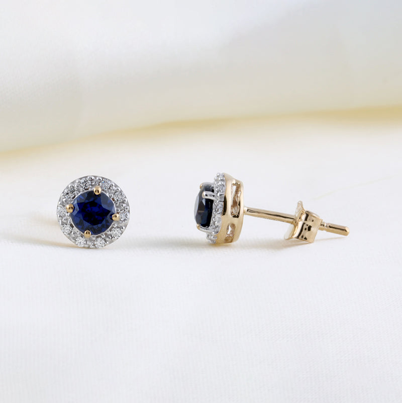 Sapphire Blue & CZ Halo Stud Earrings