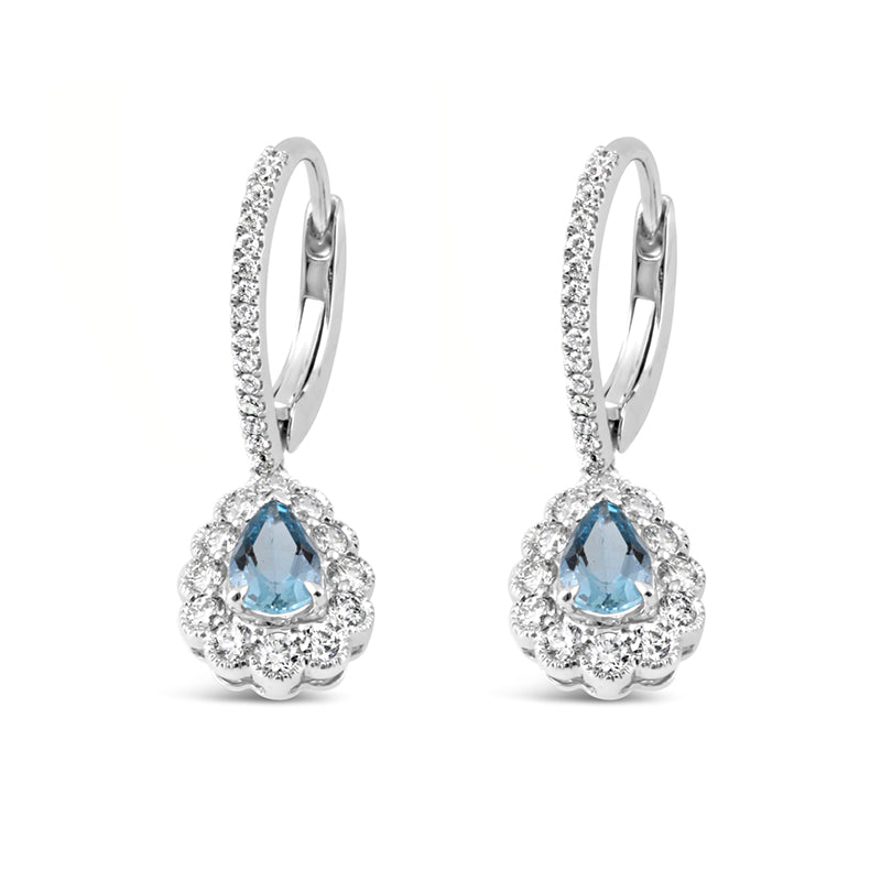 Pear Cut Aquamarine & Diamond Halo Earrings