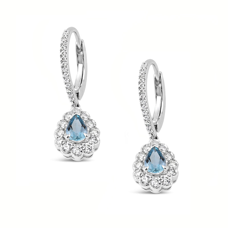 Pear Cut Aquamarine & Diamond Halo Earrings