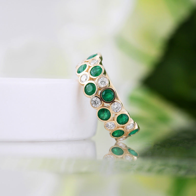 Round Emearald & Diamond Double Row Ring