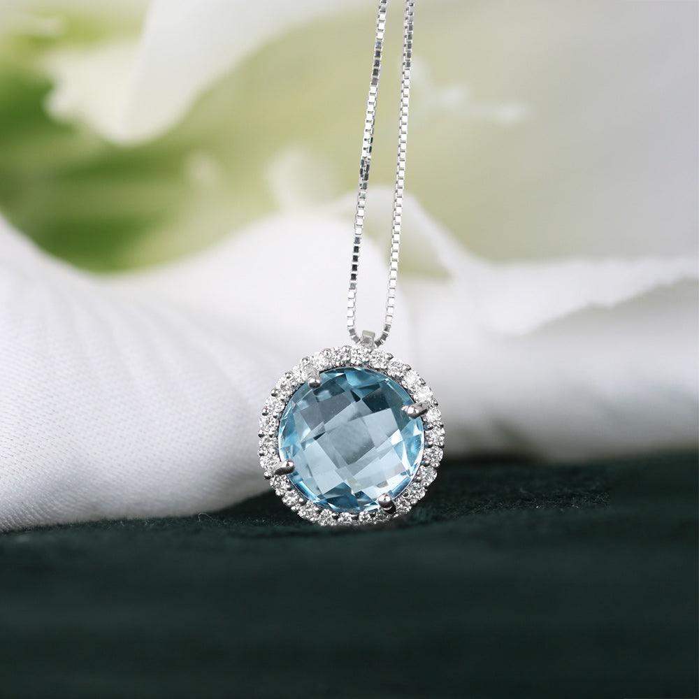 Blue Topaz & Diamond Halo Pendant