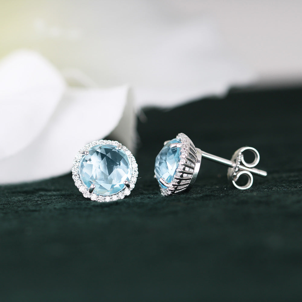 Blue Topaz & Diamond Halo Earrings