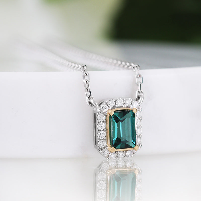 Two Tone Green Tourmaline & Diamond Halo Necklace