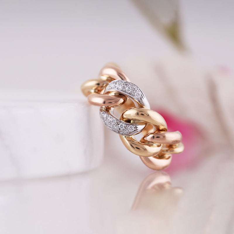 Tri Coloured & Diamond Chain Link Ring
