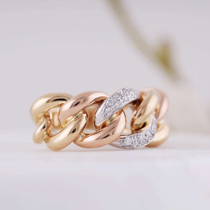 Tri Coloured & Diamond Chain Link Ring