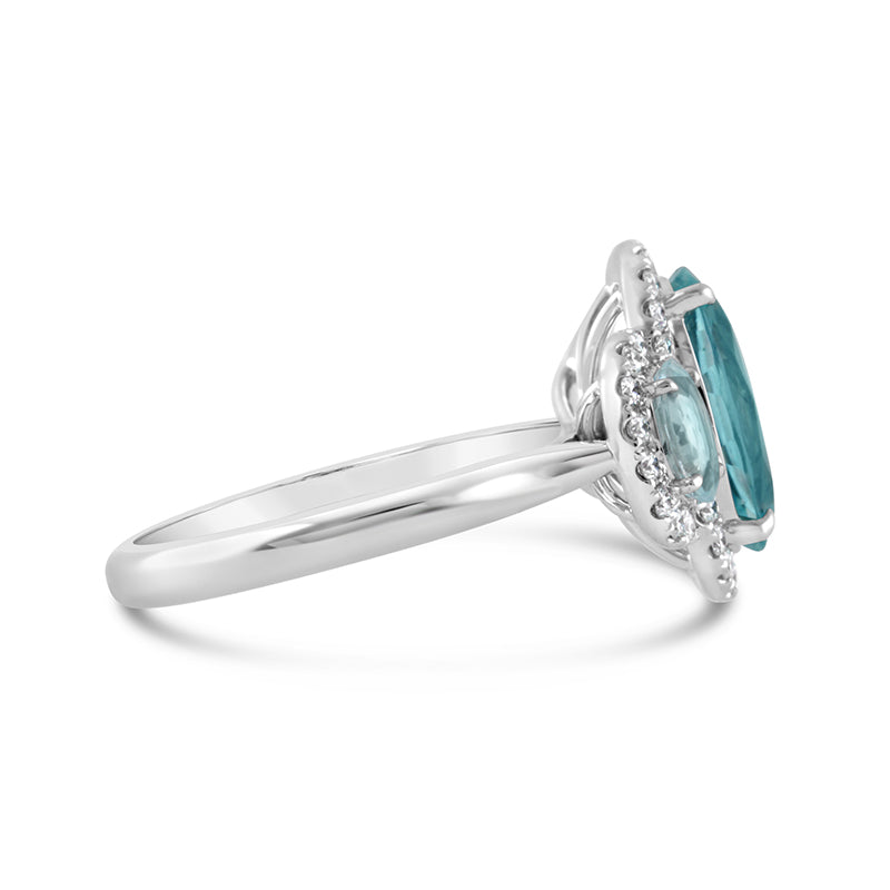 Oval Aquamarine & Diamond Three Stone Halo Ring