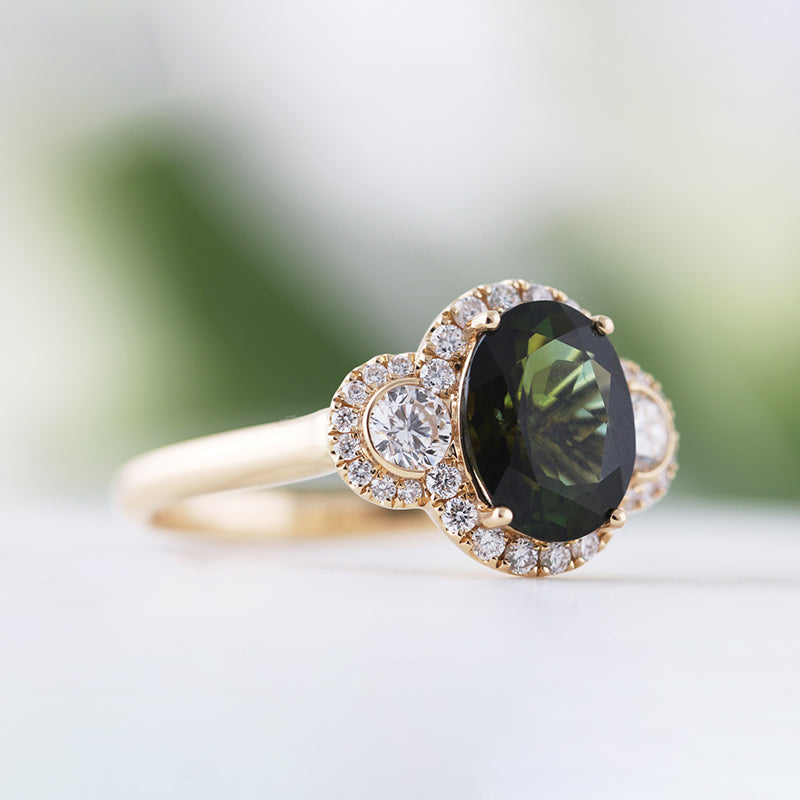 Oval Tourmaline & Diamond Three Stone Halo Ring