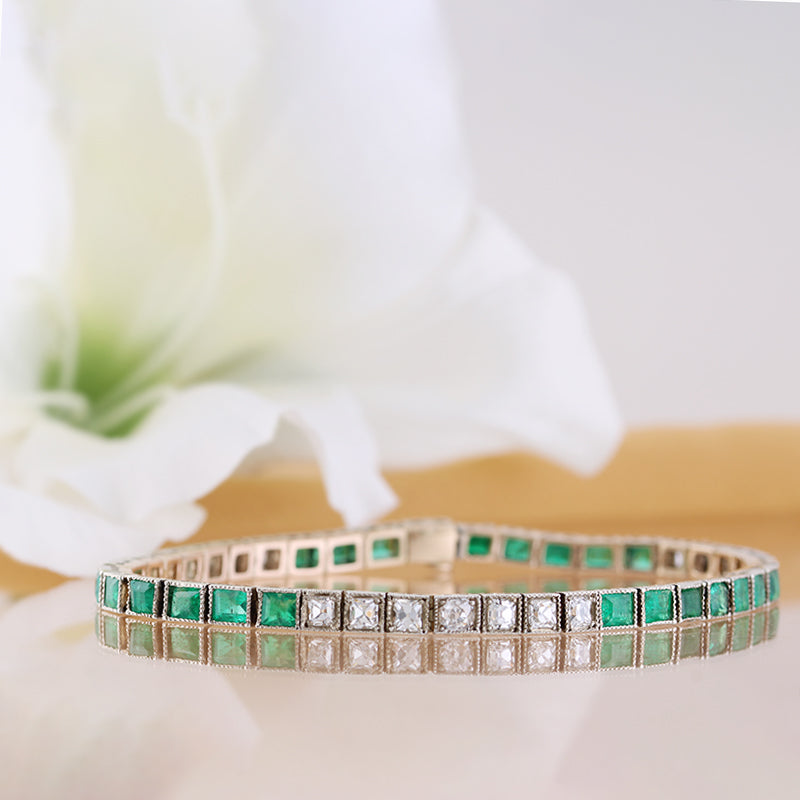 Two Tone Emerald & Diamond Antique Bracelet Circa 1910
