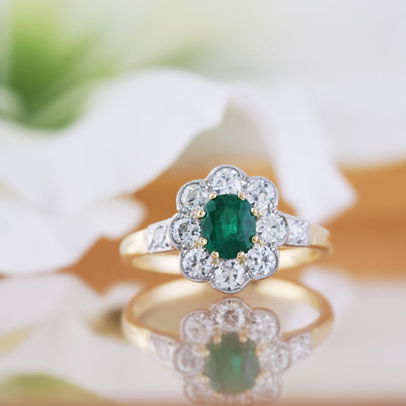 Emerald & Diamond Vintage Floral Cluster Ring