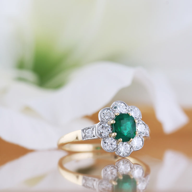 Emerald & Diamond Vintage Floral Cluster Ring