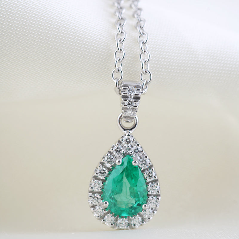 Pear Cut Emerald & Diamond Halo Pendant