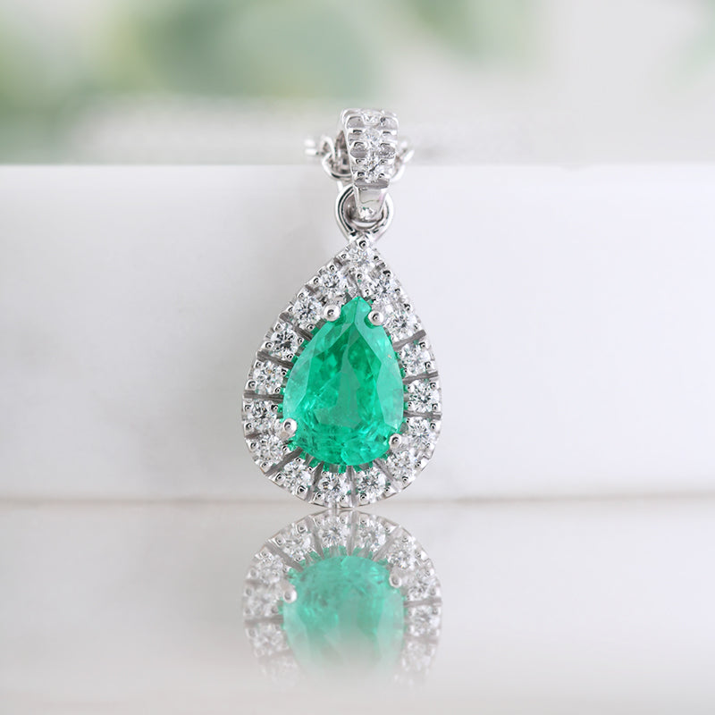 Pear Cut Emerald & Diamond Halo Pendant
