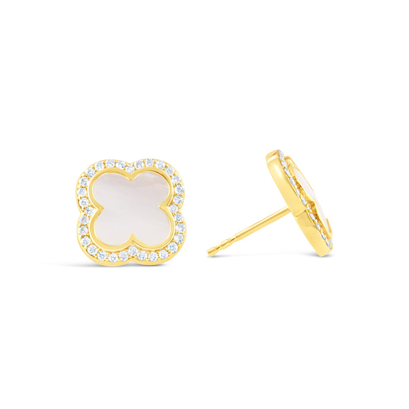 Mother of Pearl & Diamond Quatrefoil Stud Earrings