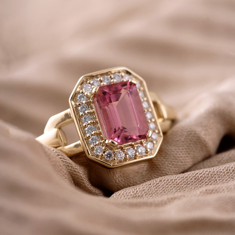 Emerald Cut Pink Tourmaline Halo Diamond Ring – Rocks Jewellers
