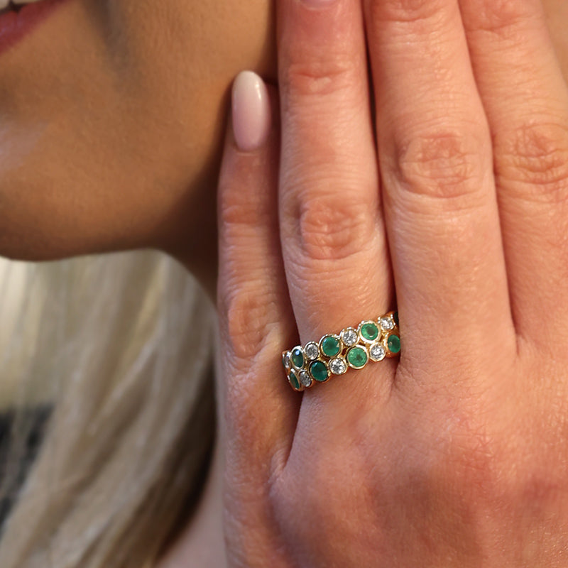 Round Emearald & Diamond Double Row Ring