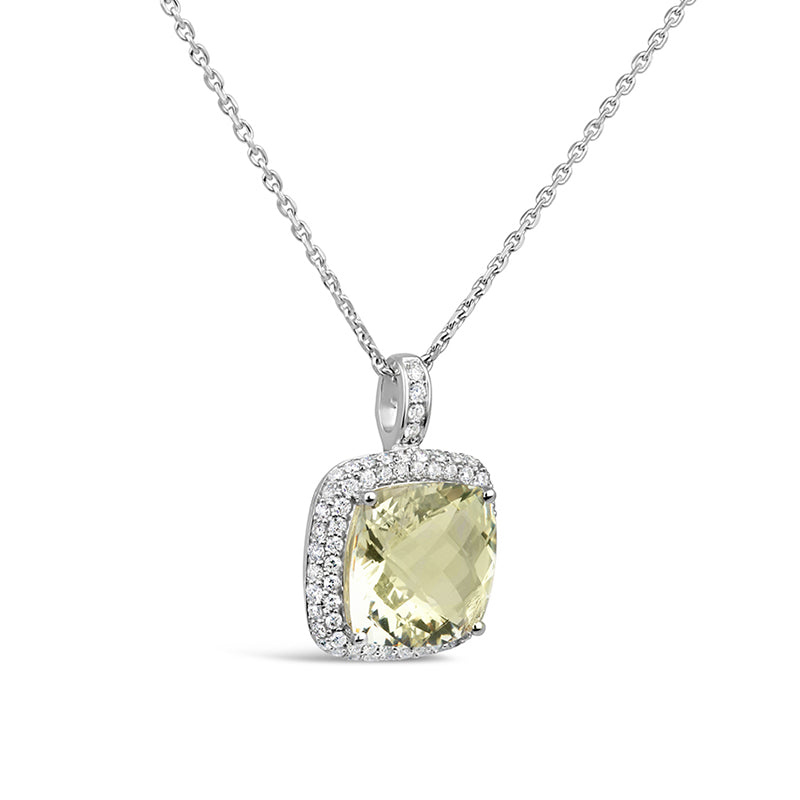 Rocks Lemon Quartz & Diamond Cushion Halo Pendant