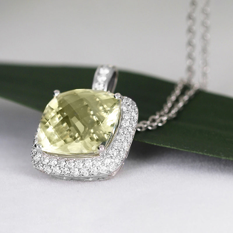Rocks Lemon Quartz & Diamond Cushion Halo Pendant