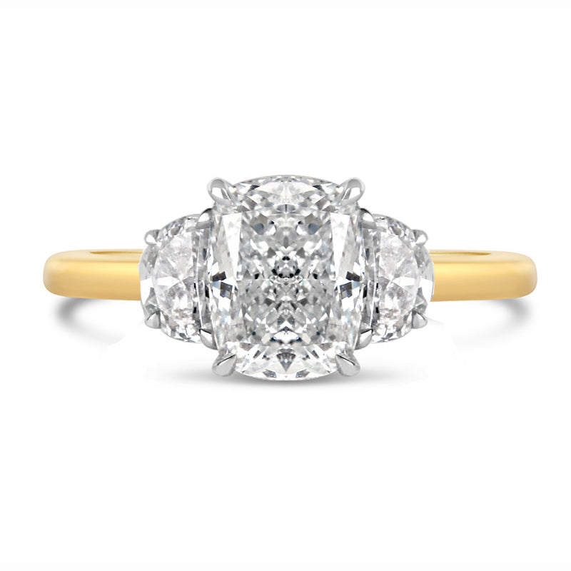 Cushion & Half Moon Three Stone Diamond Engagement Ring 2.10ct