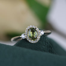 Load image into Gallery viewer, Green Sapphire &amp; Diamond Halo Three Stone Ring