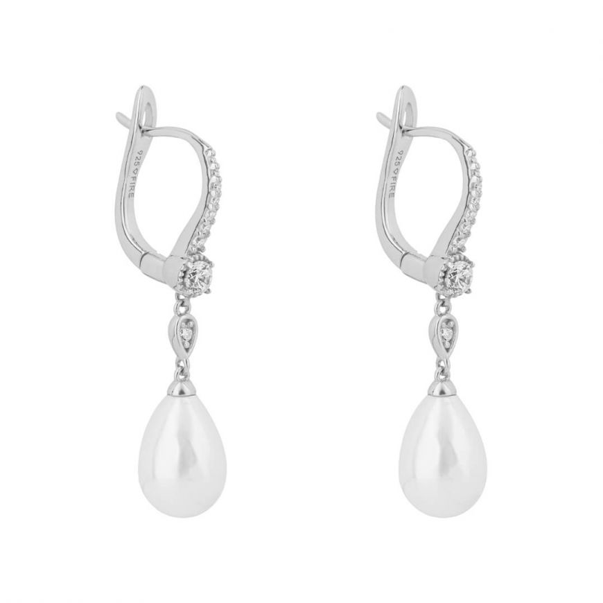 Shell Pearl &amp; White Stone Leaver Hook Drop Earrings