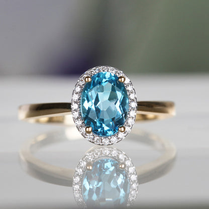 Rocks Swiss Blue Topaz &amp; Diamond Halo Ring - 1.37ct