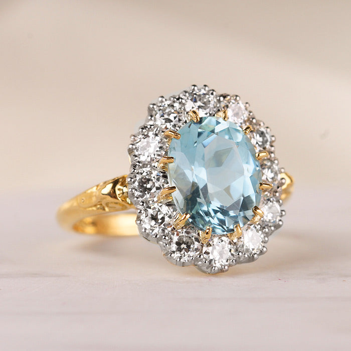 Oval Aquamarine &amp; Diamond Cluster Ring