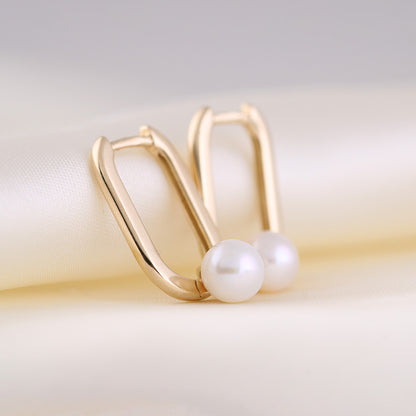 Rectangular Hoop &amp; Pearl Earrings