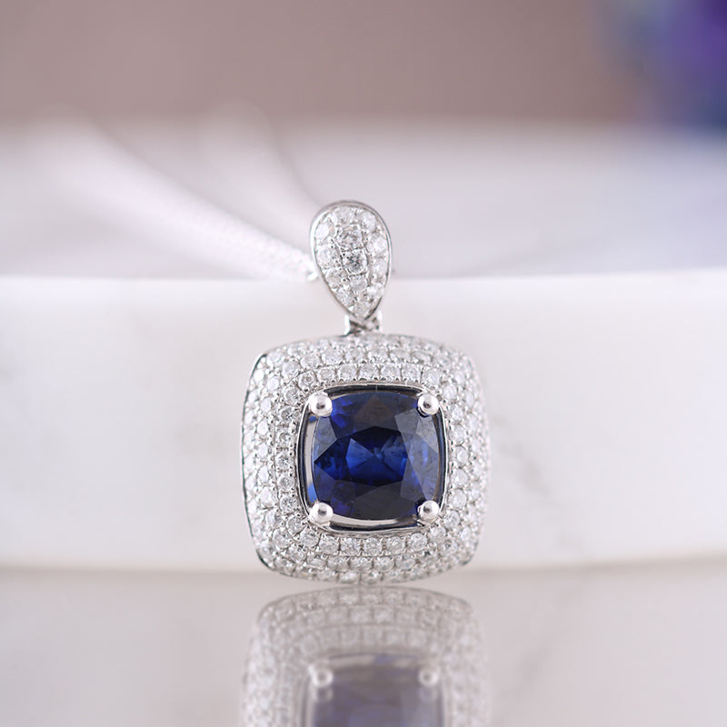 Sapphire &amp; Diamond Triple Halo Pendant