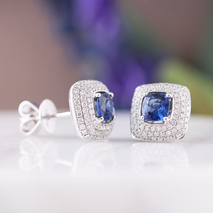 Sapphire &amp; Diamond Triple Halo Stud Earrings