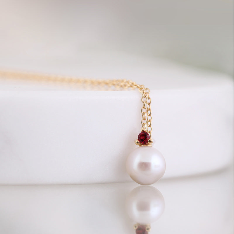 Freshwater Pearl &amp;  Red Stone Drop Necklace