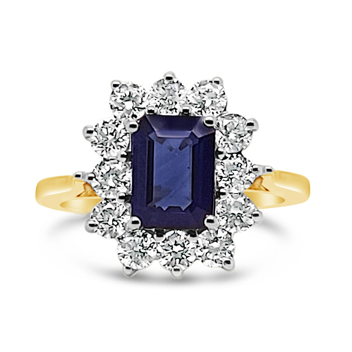 Emerald Cut Sapphire &amp; Diamond Cluster Ring