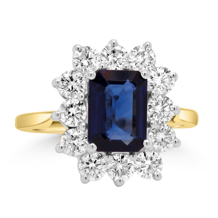 Emerald Cut Sapphire &amp; Diamond Cluster Ring