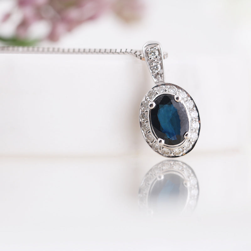 Oval Sapphire &amp; Diamond Halo Pendant