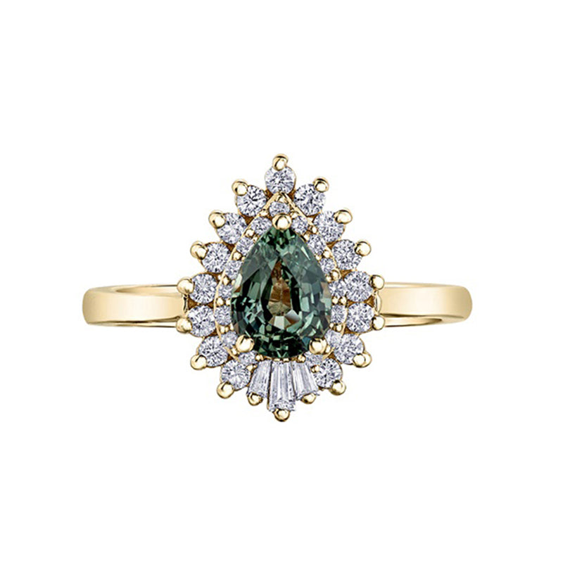 Pear Cut Green Tourmaline &amp; Diamond Halo Ring