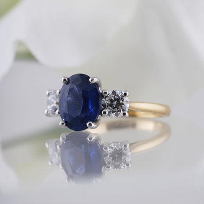 Oval Ceylon Sapphire &amp; Diamond Three Stone Ring