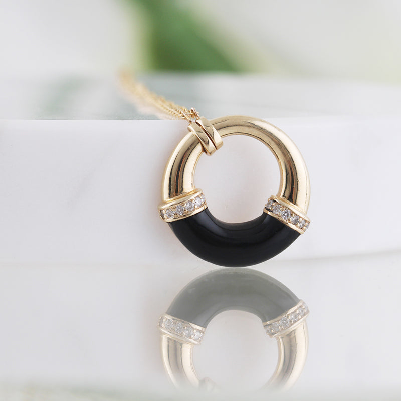 Black Enamel &amp; Diamond Circle Pendant