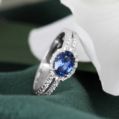 Sapphire &amp; Diamond Double Banded Halo Ring