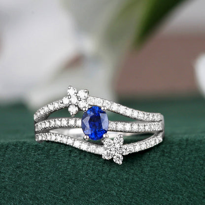 Rocks Sapphire &amp; Diamond Floral Triple Band Ring