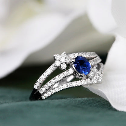 Rocks Sapphire &amp; Diamond Floral Triple Band Ring