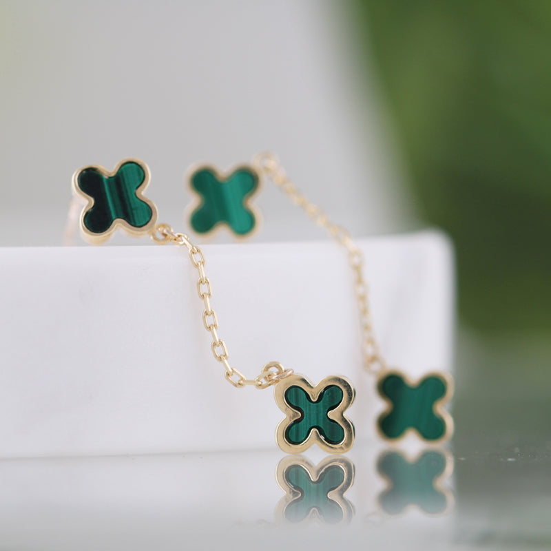 Double Malachite Quatrefoil Chain Drop Earrings