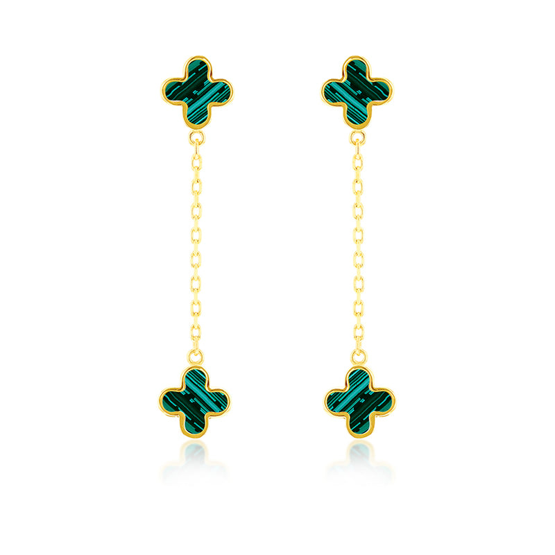 Double Malachite Quatrefoil Chain Drop Earrings