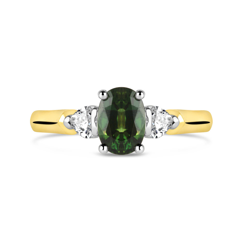 Green Sapphire & Heart Diamond Three Stone Ring