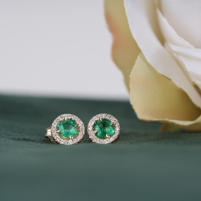 Rocks Emerald &amp; Diamond Halo Stud Earrings