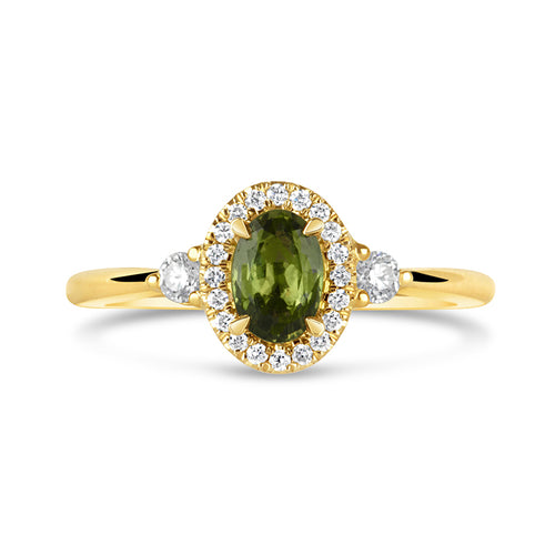 Green Sapphire & Diamond Halo Three Stone Ring
