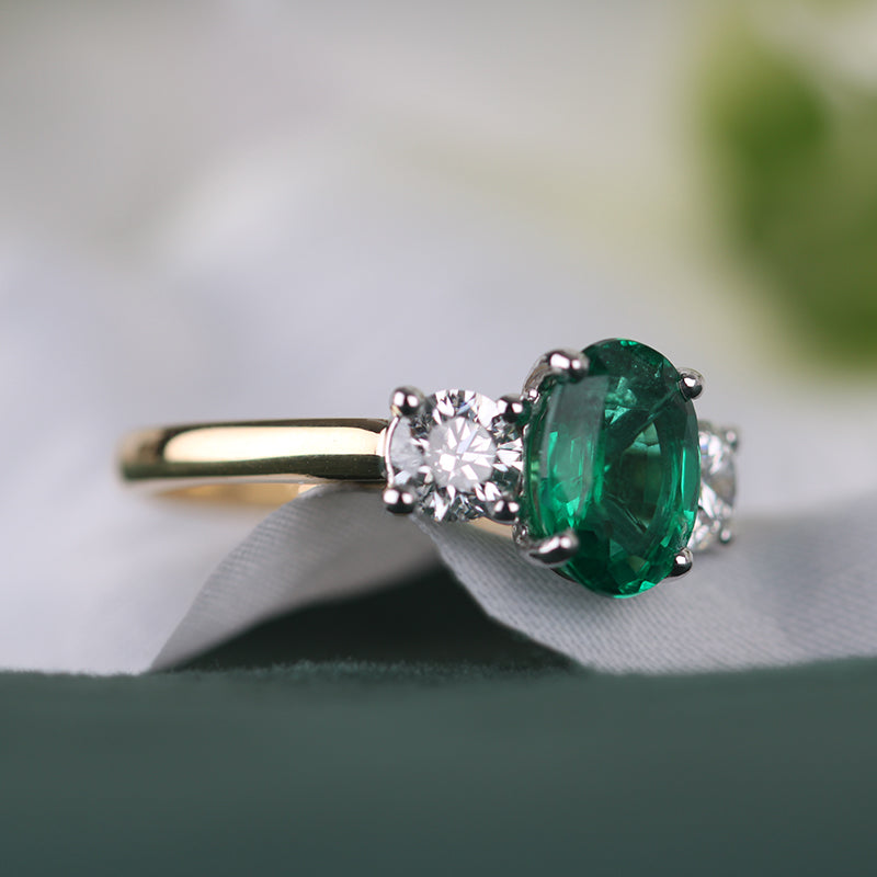 Oval Emerald &amp; Diamond Three Stone Ring