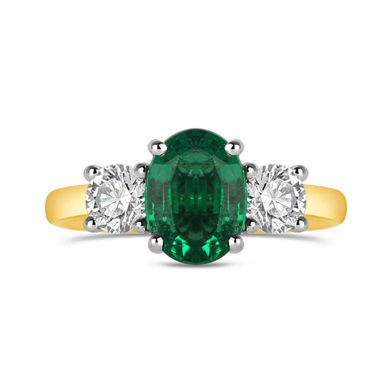 Oval Emerald &amp; Diamond Three Stone Ring