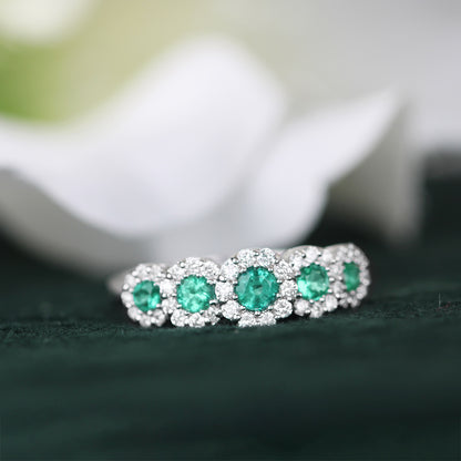 Emerald &amp; Diamond 5 Stone Halo Ring