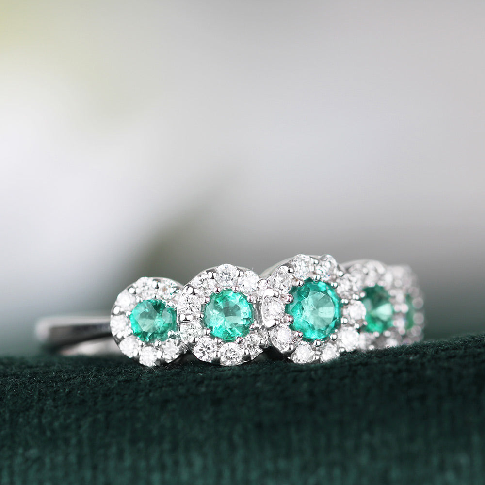 Emerald &amp; Diamond 5 Stone Halo Ring