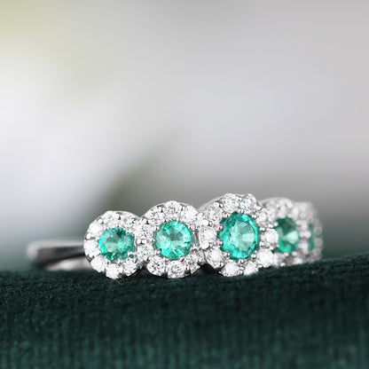 Emerald &amp; Diamond 5 Stone Halo Ring